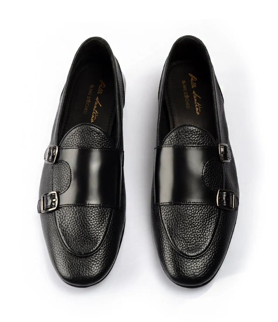 Black Milled Double Monk Loafers - Ultra-Flex Luxury Look Summer Flow
