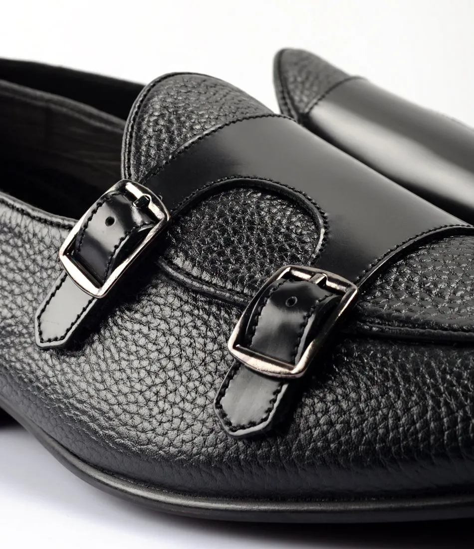 Black Milled Double Monk Loafers - Ultra-Flex Skill Cut