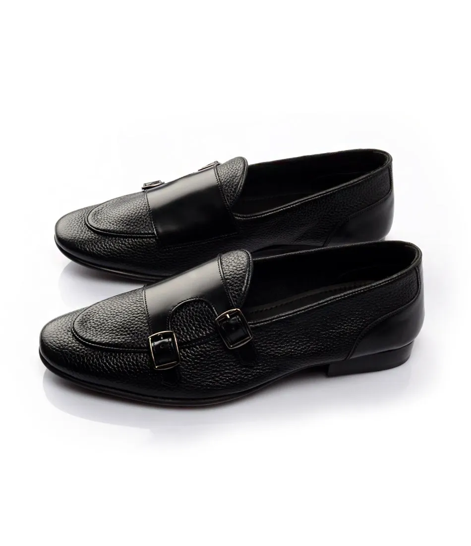 True Pace Black Milled Double Monk Loafers - Ultra-Flex