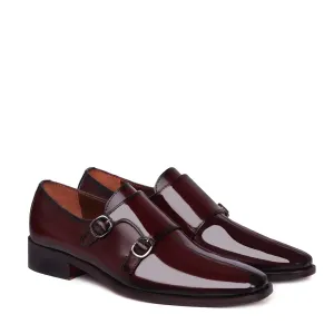 Wine Sleek Apron Toe Slip-On Shoes Double Monk Patent Leather Work Trip