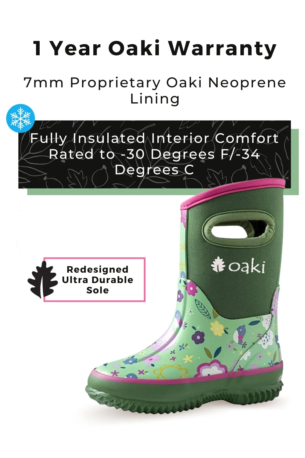 Green Floral Neoprene Rain/Snow Boots Comfy Design Walk Comfort