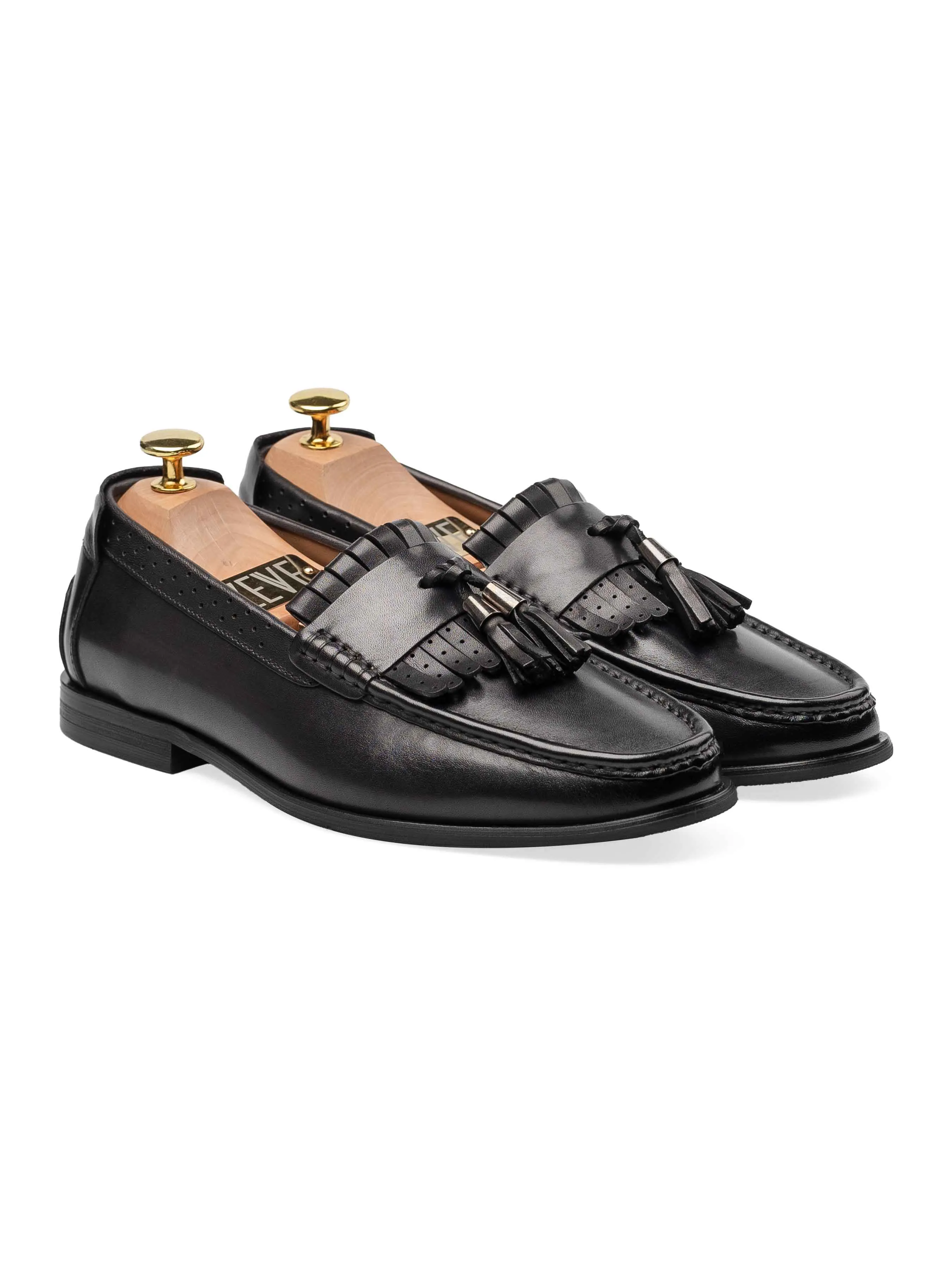 Step Sure Durable Design Fringe Classic Loafer - Black Grey with Tassel (Hand Painted Patina)