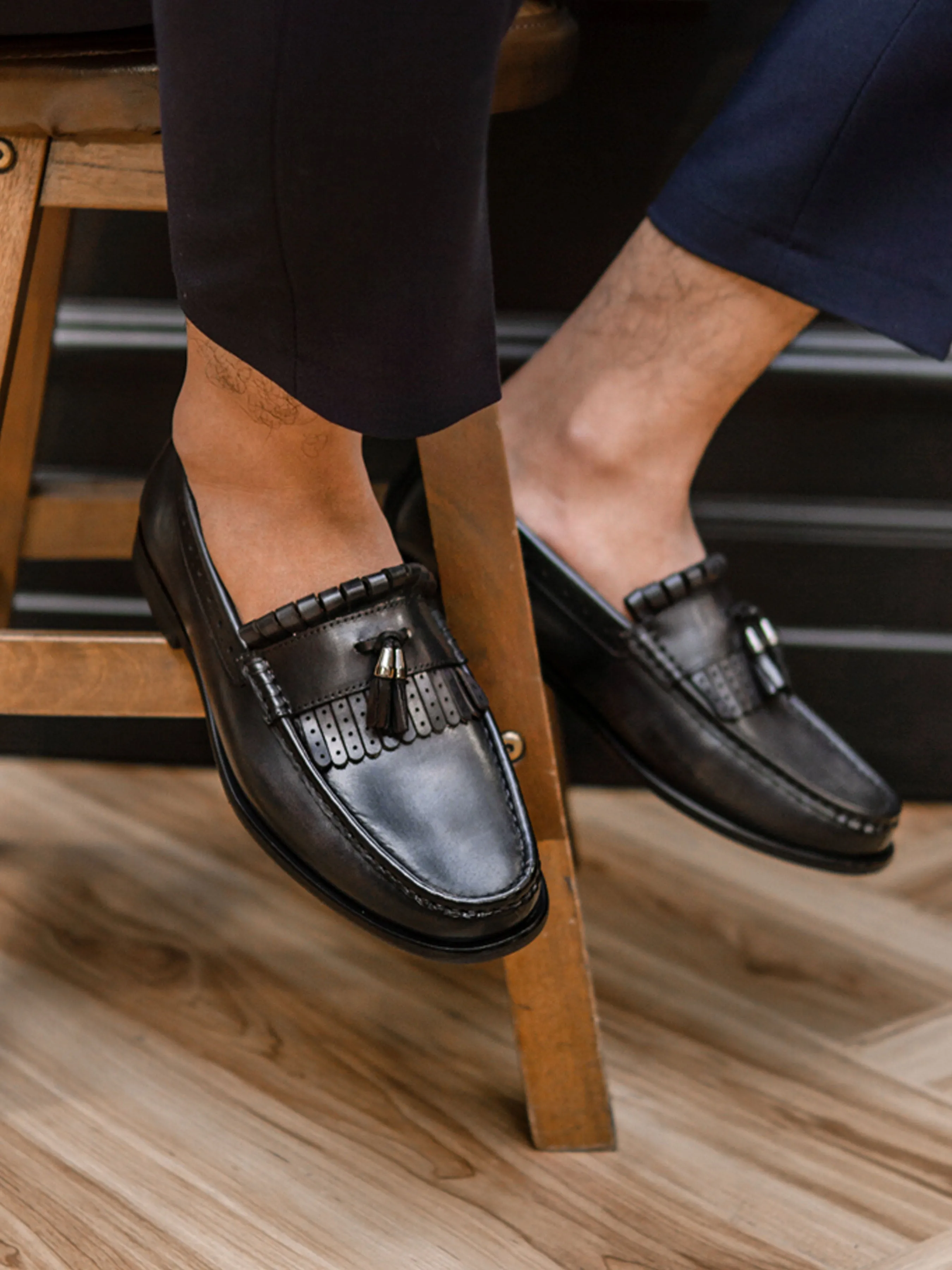 Fringe Classic Loafer - Black Grey with Tassel (Hand Painted Patina) Festival Mood