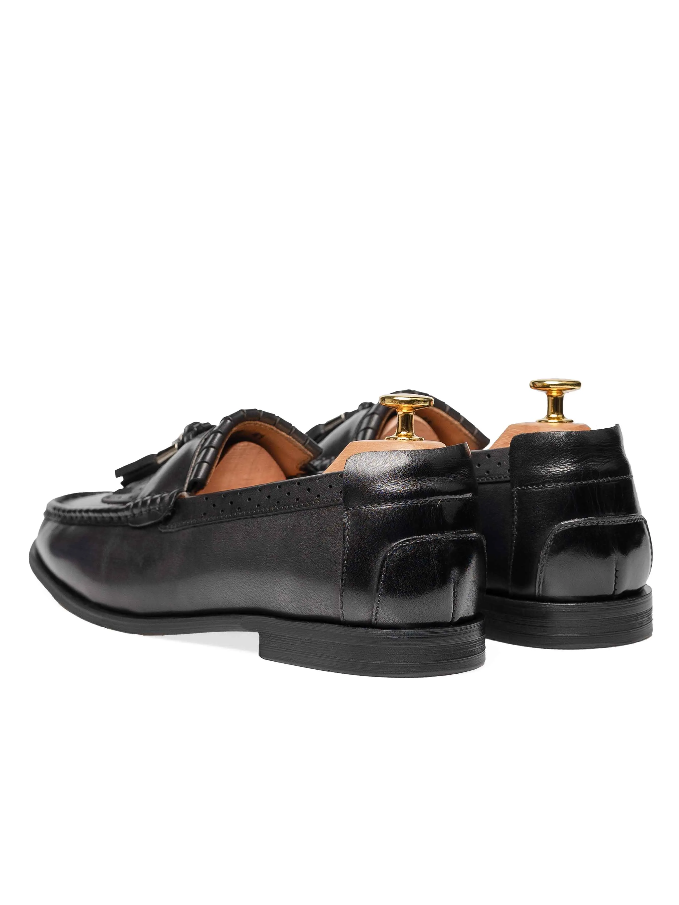 Festival Mood Fringe Classic Loafer - Black Grey with Tassel (Hand Painted Patina)