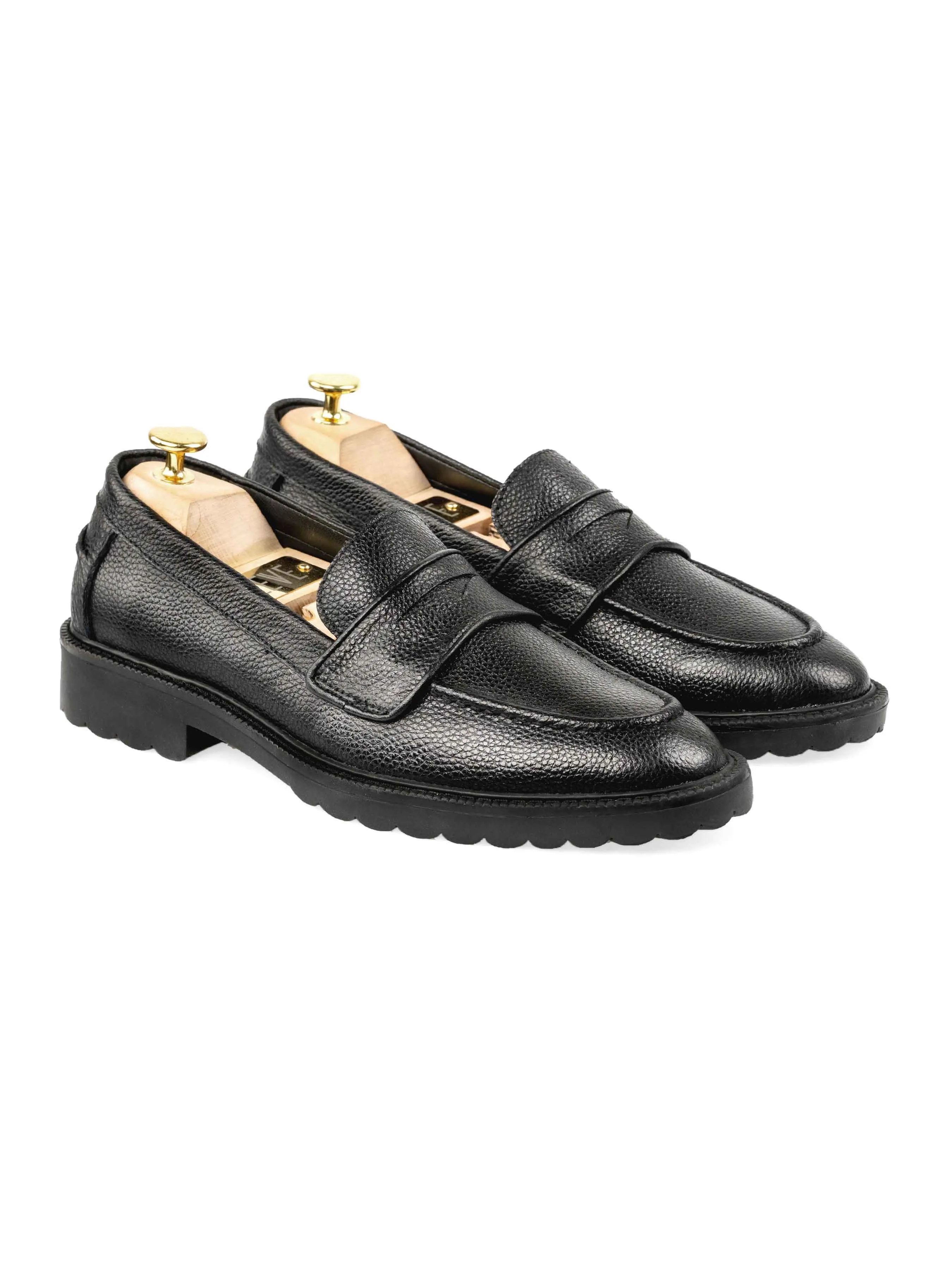 Wayne Penny Loafer - Black Pebble Grain Leather (Combat Sole) Errand Day British Edge