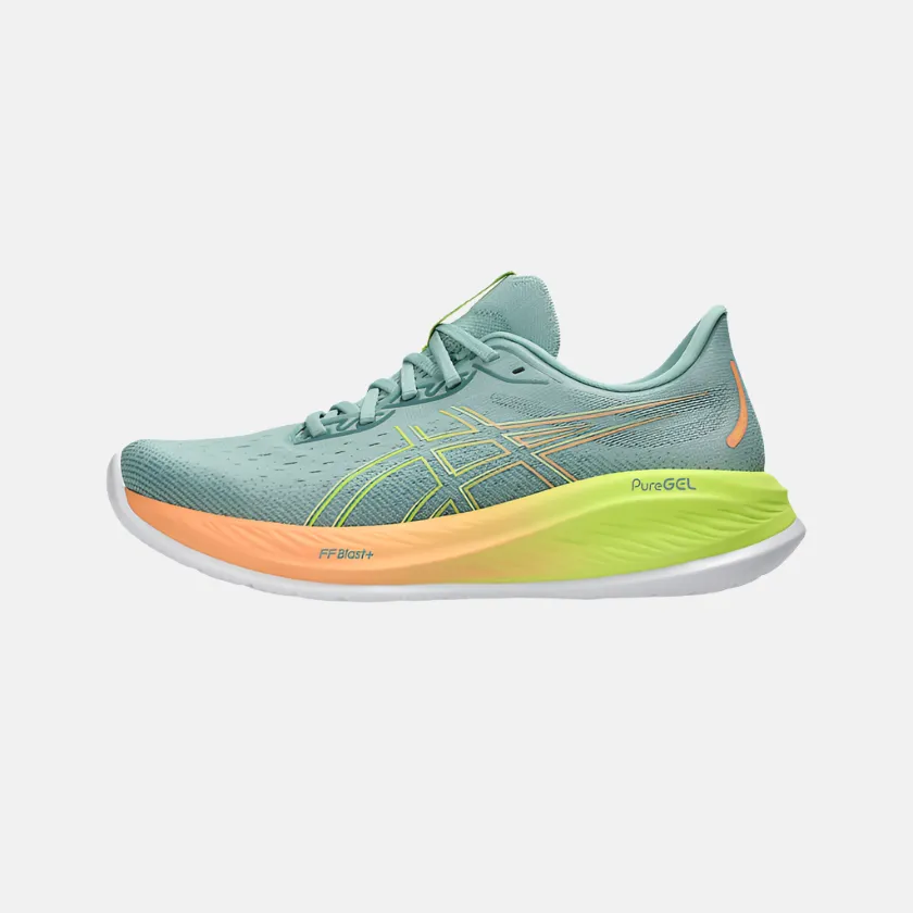 Asics GEL-CUMULUS 26 PARIS Men's Running Shoes -Light Celadon/Safety Yellow thigh - high running gear running on a dirt track shoes