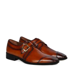 Tan Leather Single Monk Formal Shoes Slant Cap Toe Laser Engraved Top Line By Brune & Bareskin Victory Walk