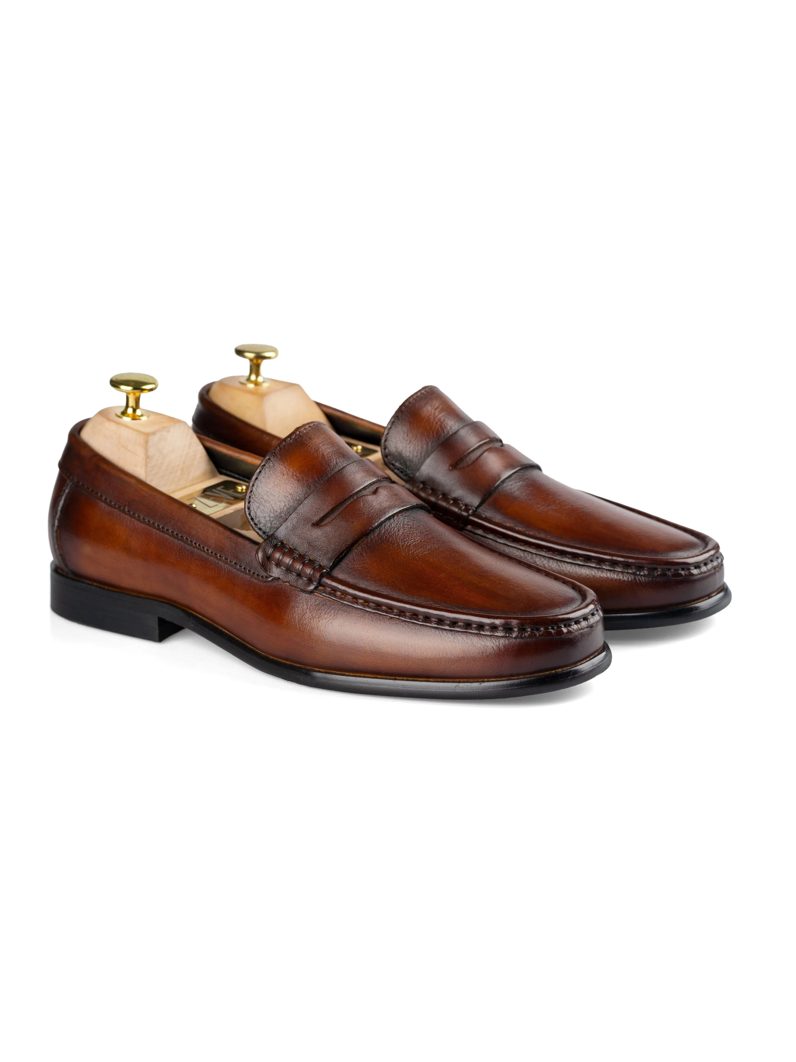 Penny Moccasin Loafer - Cognac Tan (Hand Painted Patina) Odor Resistant french chic