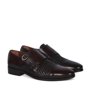 Double Monk Leather Shoe in Dark Brown Leather Dual Shade Woven Detailed Vamp to Quarter By Brune & Bareskin Guest Perfect