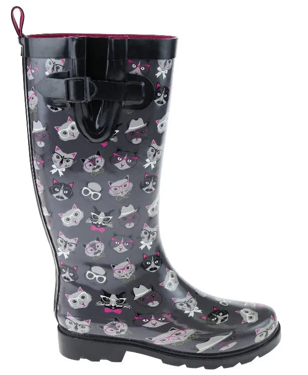 Ladies Cool Cats Tall Rubber Rain Boot Heel Stability Winter Walk