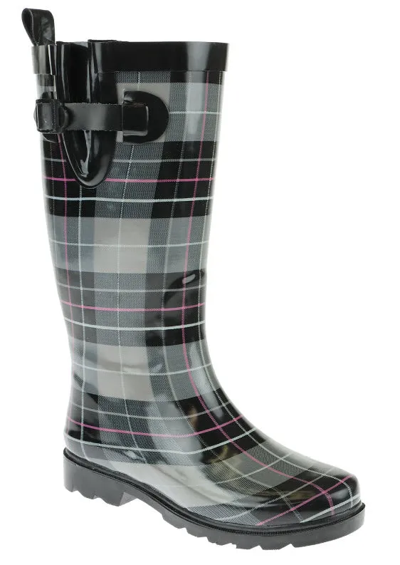 Ladies Check Printed Tall Rubber Rain Boot Easy Walking Boots Waterproof Wear Boots