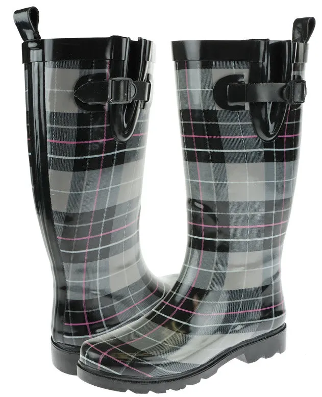 Walk Comfort Ladies Check Printed Tall Rubber Rain Boot