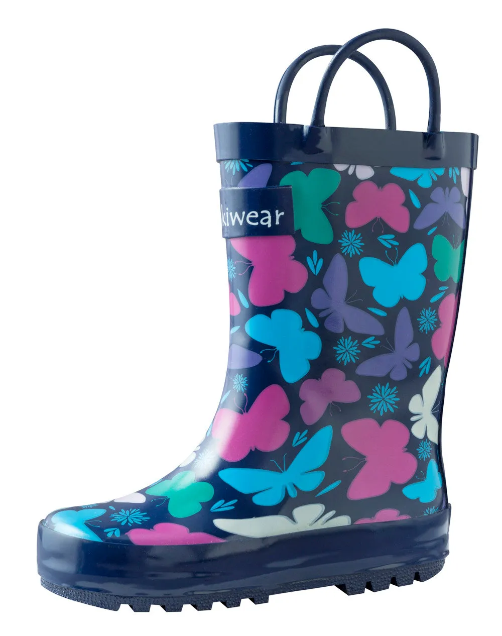 Bright Butterflies Loop Handle Rubber Rain Boots Easy Step Comfort Heavy Rain