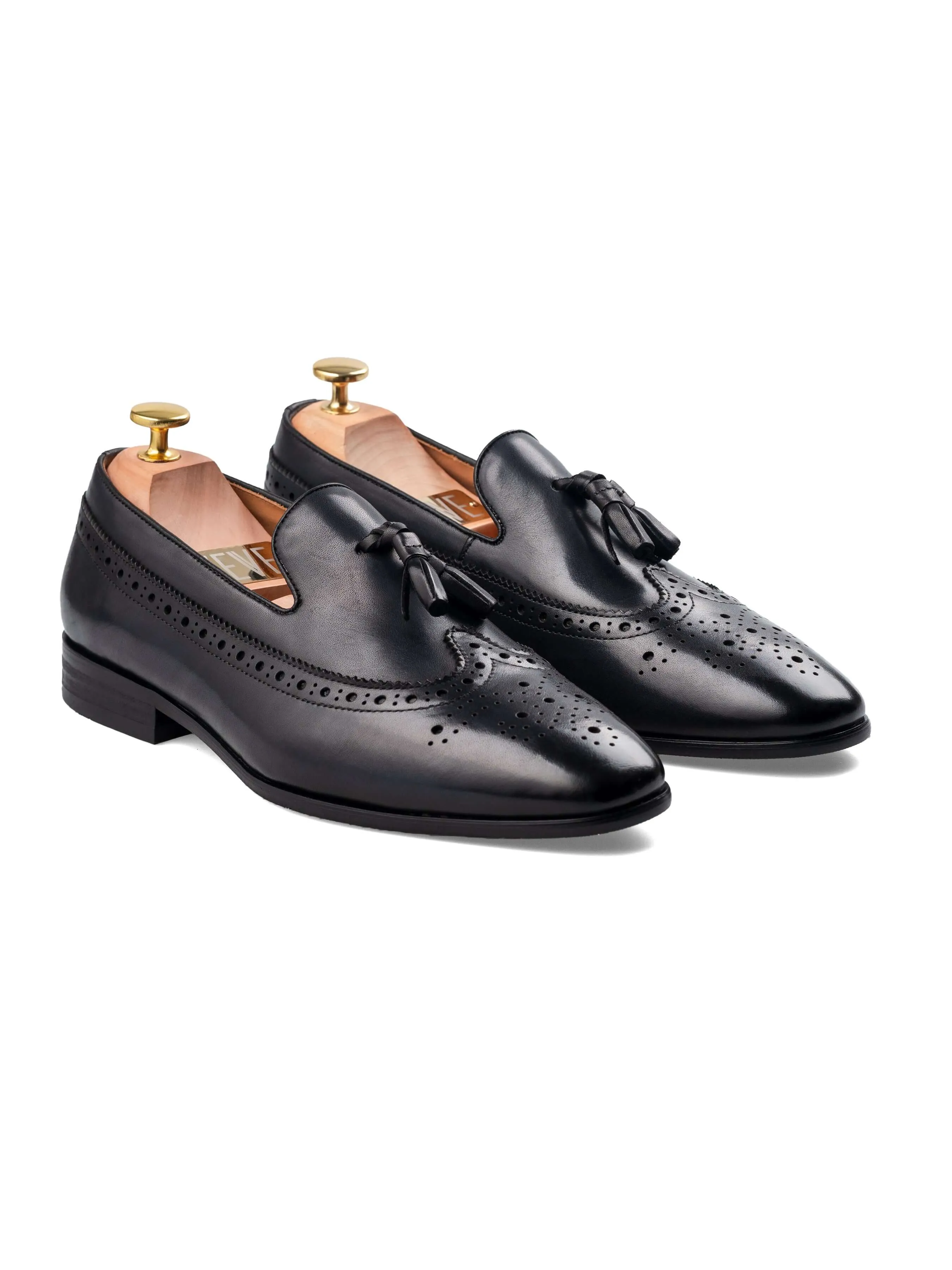 Loafer Slipper Longwing Brogue - Black Grey with Tassel (Hand Painted Patina) Active Dash Ground Steady
