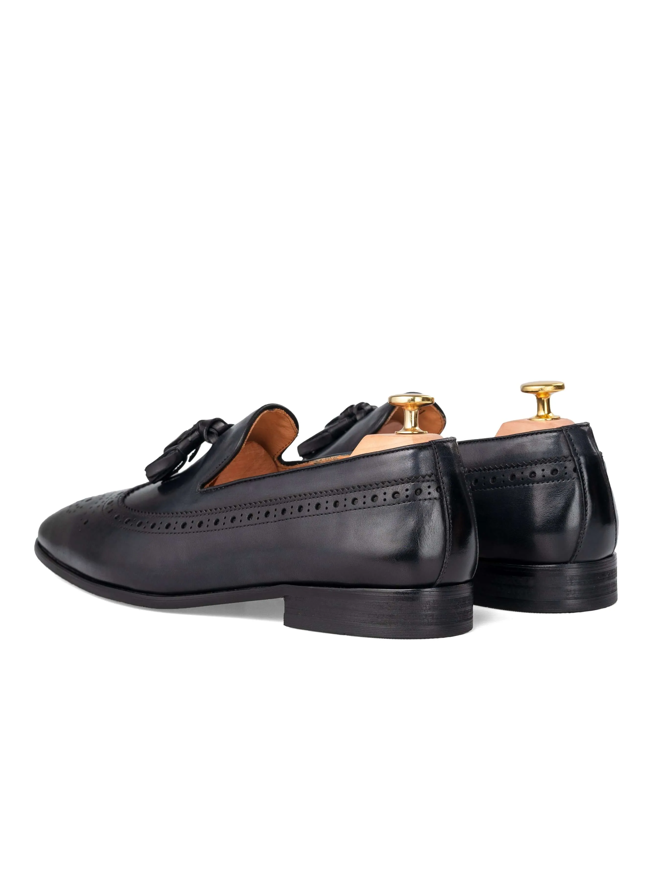 Classic Office Footwear Hold Smooth Loafer Slipper Longwing Brogue - Black Grey with Tassel (Hand Painted Patina)
