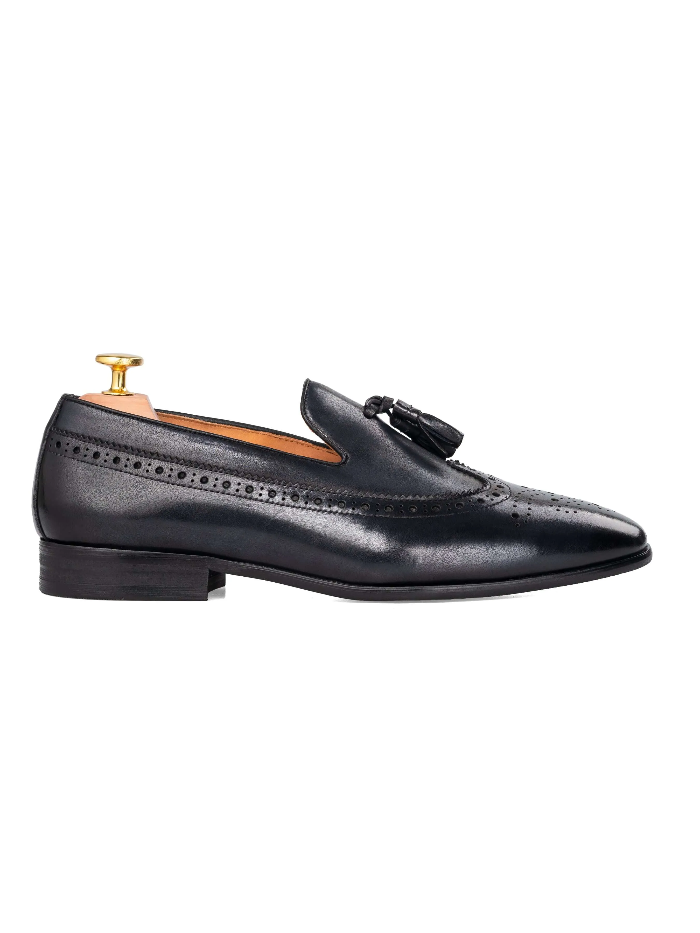 Soft Padding Street Pace Loafer Slipper Longwing Brogue - Black Grey with Tassel (Hand Painted Patina)
