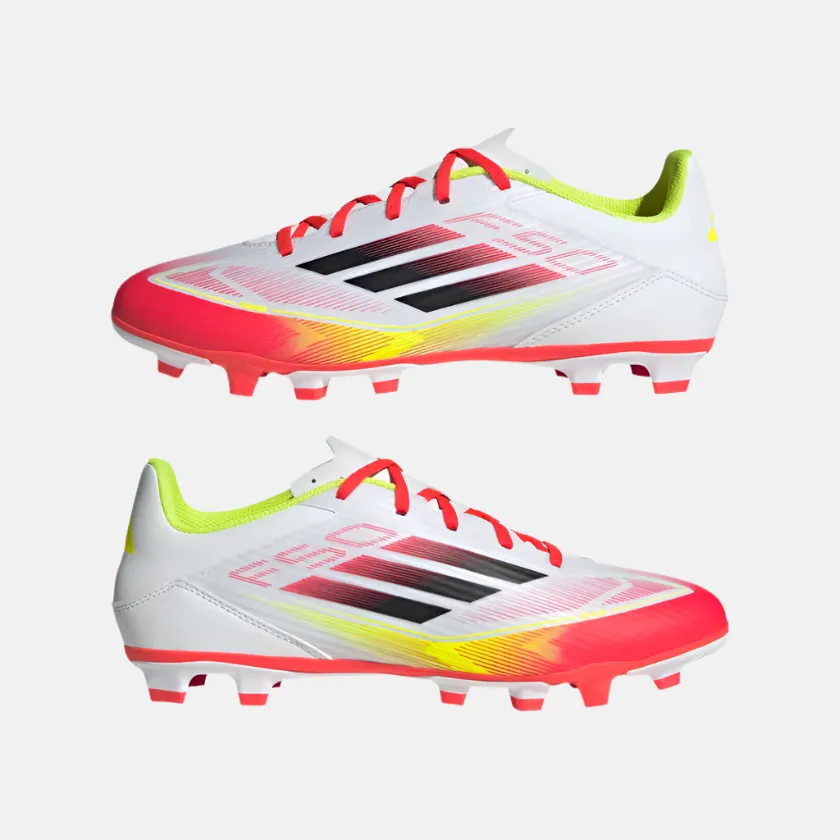 Power Play Pace Assist Adidas F50 Club Firm/Multi-Ground Football Shoes -Cloud White/Core Black/Solar Yellow