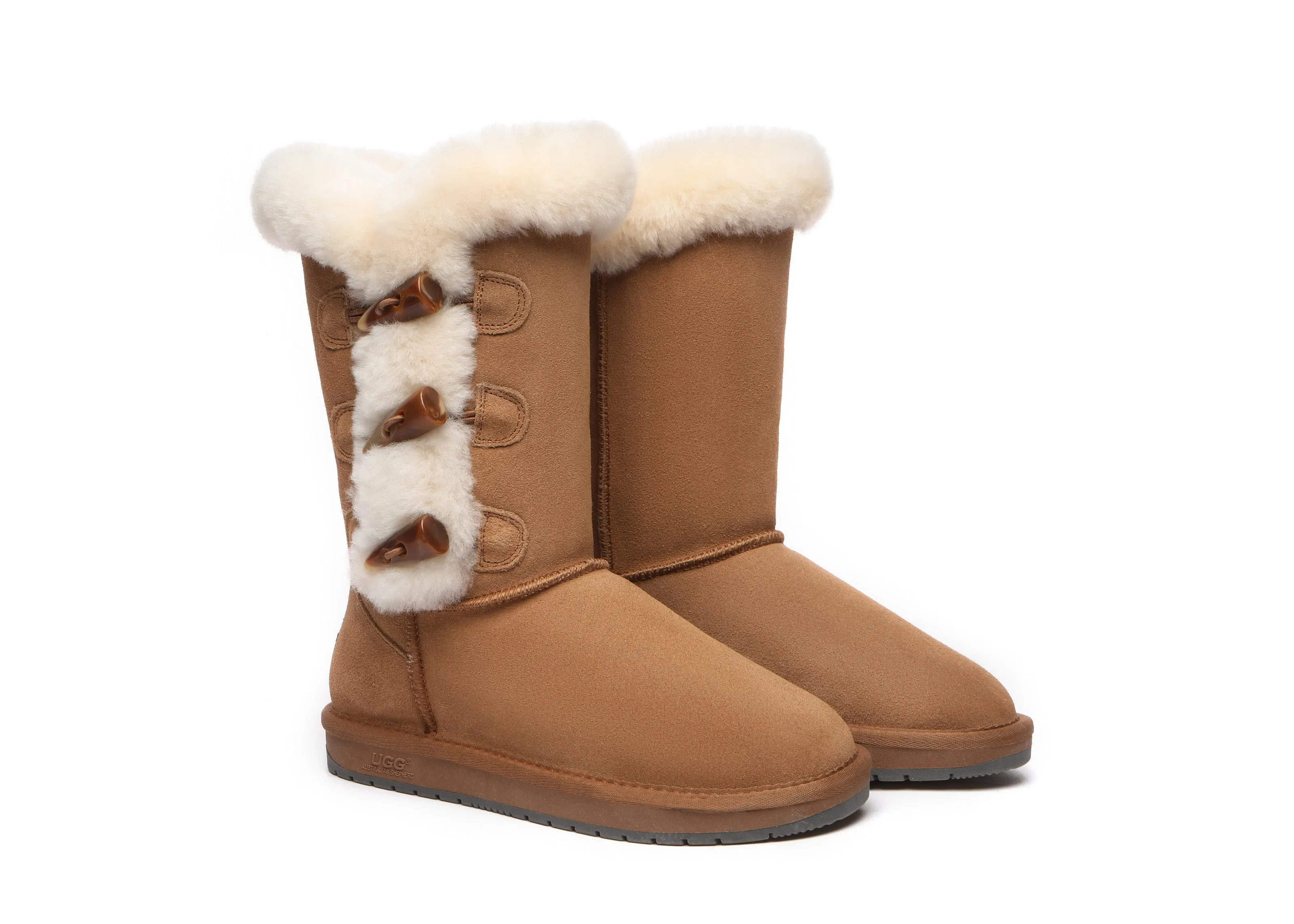 AUSTRALIAN SHEPHERD? UGG Boots Women Sheepskin Wool Horn Toggle Closure Tall Tamari Ice Tread