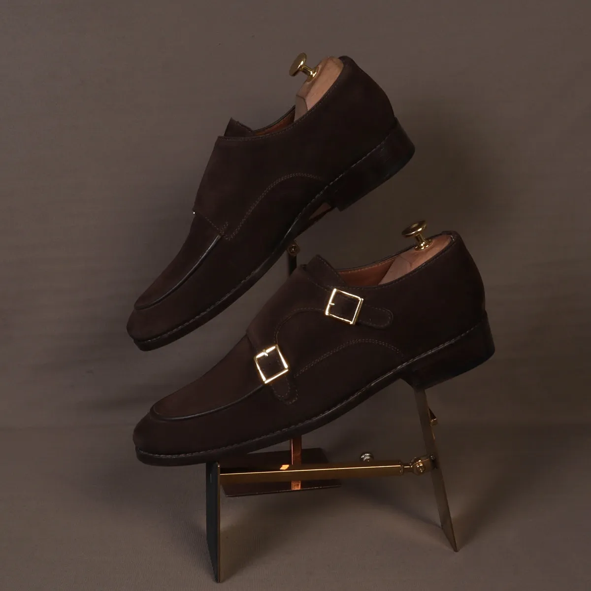 Hand Made Double Monk Formal Shoes in Dark Brown Suede Leather by Brune & Bareskin Prime Fit